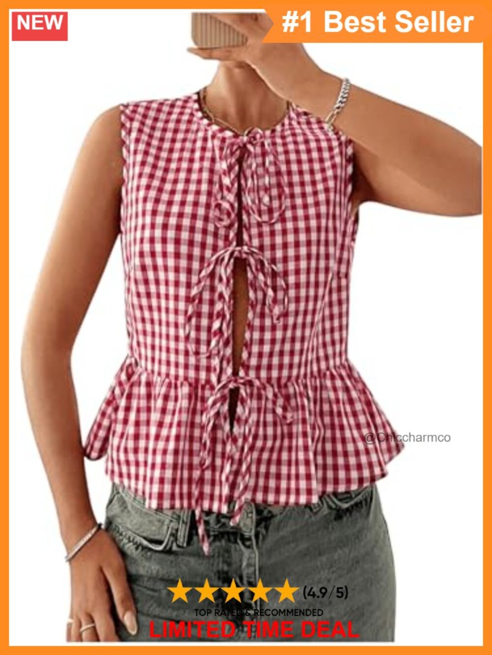 Verdusa Women's Gingham Sleeveless Peplum Tank Top Tie Front Ruffle Blouse